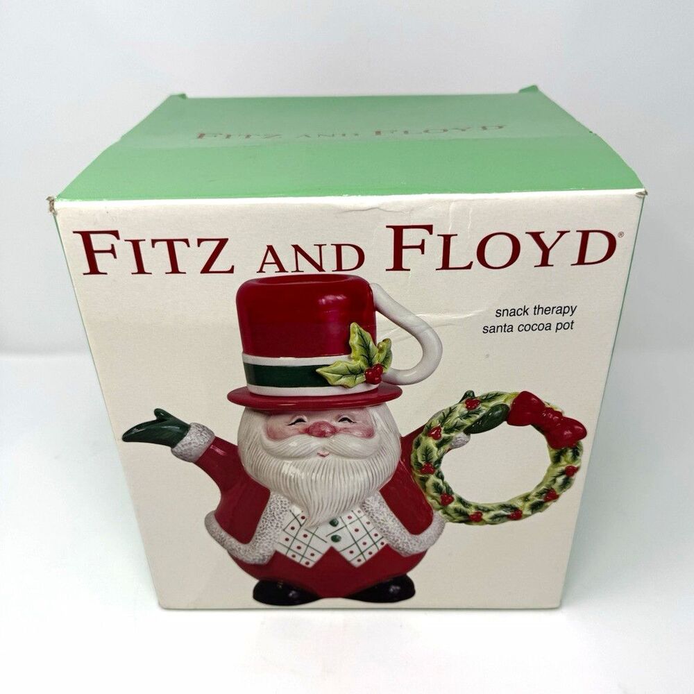 Fitz and Floyd Snack Therapy Santa Cocoa Pot, Ceramic Holly, Boxed